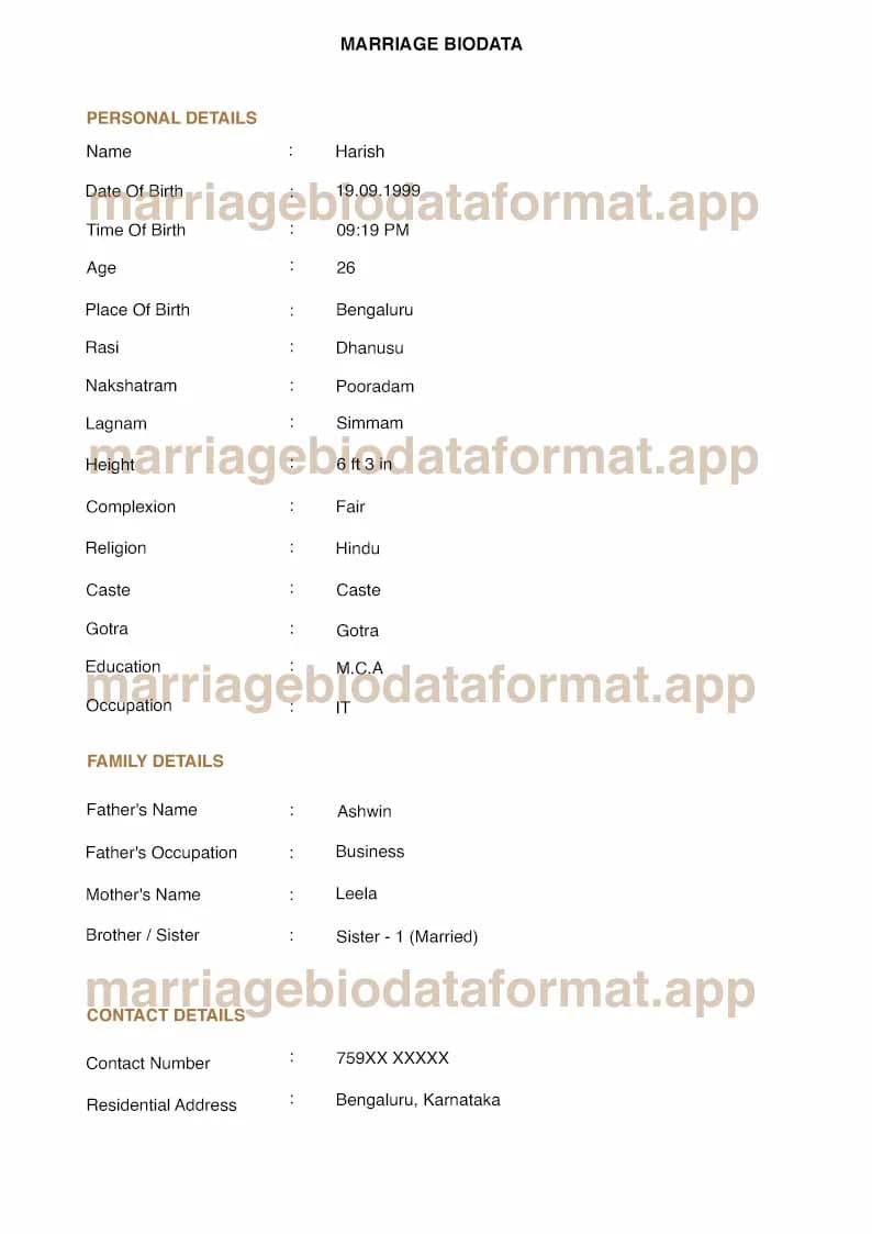 Marriage Biodata Format Template 10